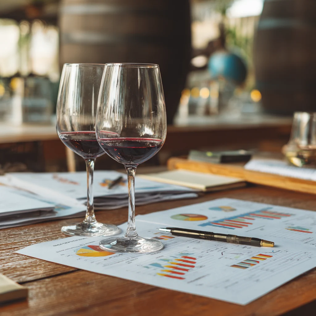 Two glasses of red wine on a table covered in sales charts